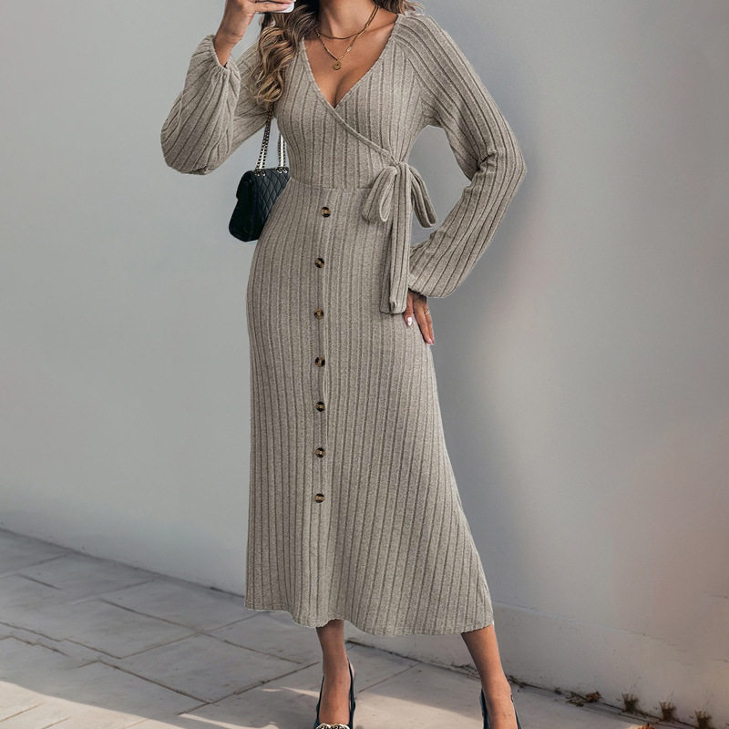 Knit Midi Dress Solid Color A Line Long Sleeve Comfortable Fabric Autumn Winter Fashion Wholesale Available