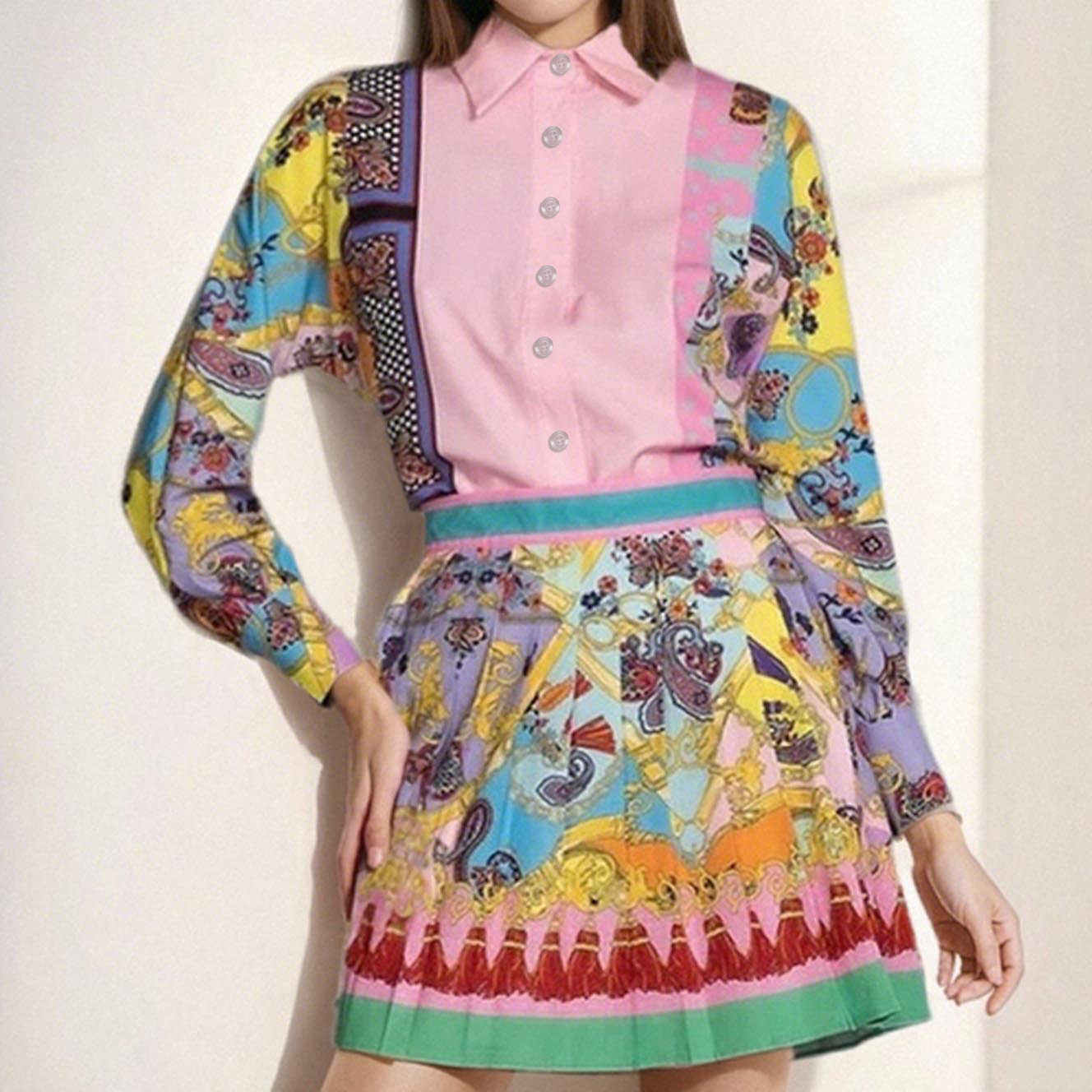 Spring Floral Long Sleeve Shirt and Pleated Skirt Set for Women Stylish Two Piece Outfit Perfect for Casual or Business