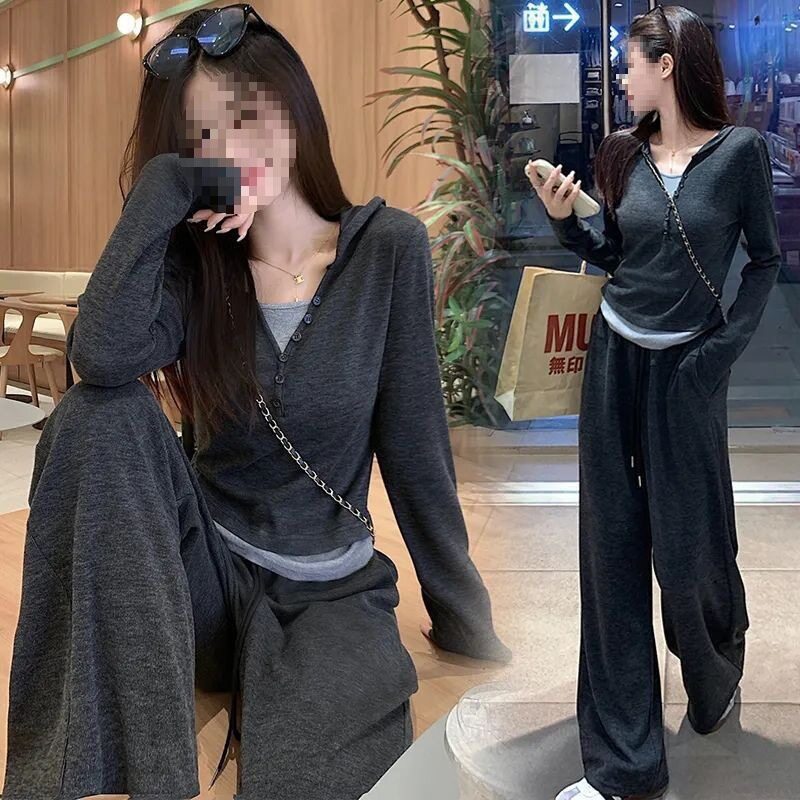 Hooded Long-Sleeved Sweatshirt Sports Suit for Women Spring and Autumn New Design Slimming Top Casual Two-Piece Wide-Leg Pants