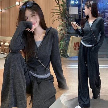 Hooded Long-Sleeved Sweatshirt Sports Suit for Women Spring and Autumn New Design Slimming Top Casual Two-Piece Wide-Leg Pants