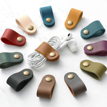 Factory wholesale earphones leather storage strap power cord data cable finishing leather buckle strap leather winder