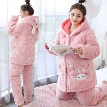 Maternity Winter Thickened Cotton-Padded Postpartum Nursing Pajamas for Women, Thickened Set for December Autumn