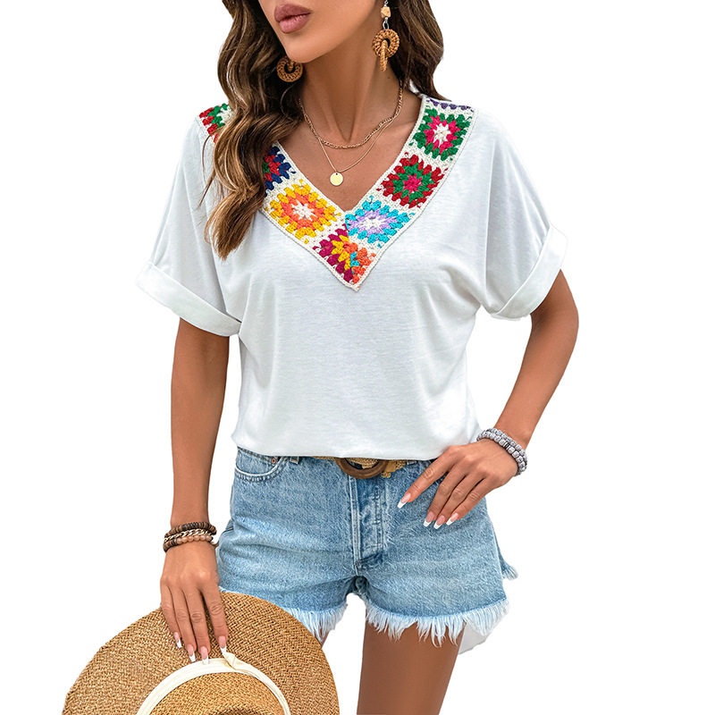 Casual Vacation Top V Neck Colorful Crochet Patchwork Ethnic Style Womens Fashion Wholesale Available