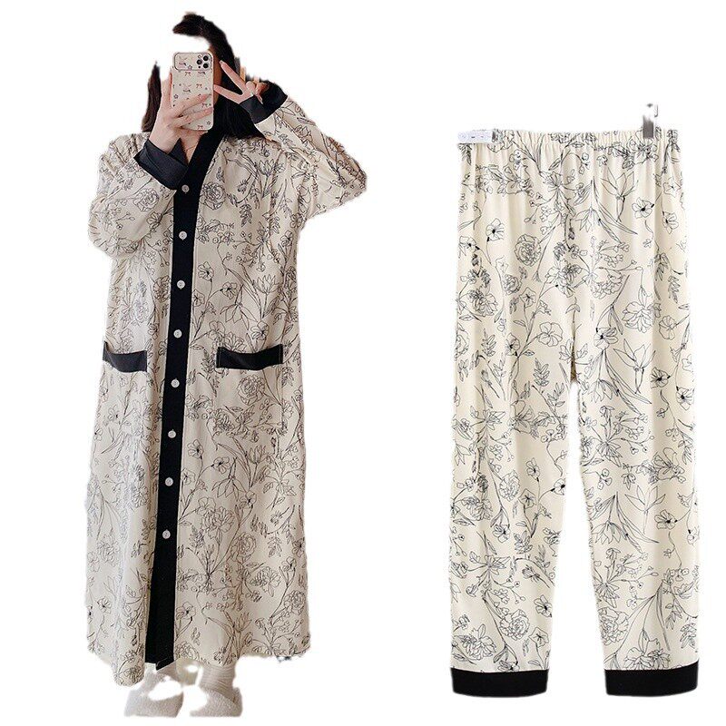 Pregnant Women's Pants with Chest Pad Two-Piece Set Spring and Autumn plus size Monthly Clothing Winter Hospital Internal Examination Nursing Nightdress