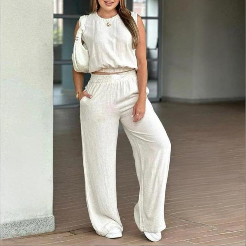Womens Summer Outfit Set Sleeveless Top Straight Leg Pants Casual Style Perfect for Everyday Wear Wholesale