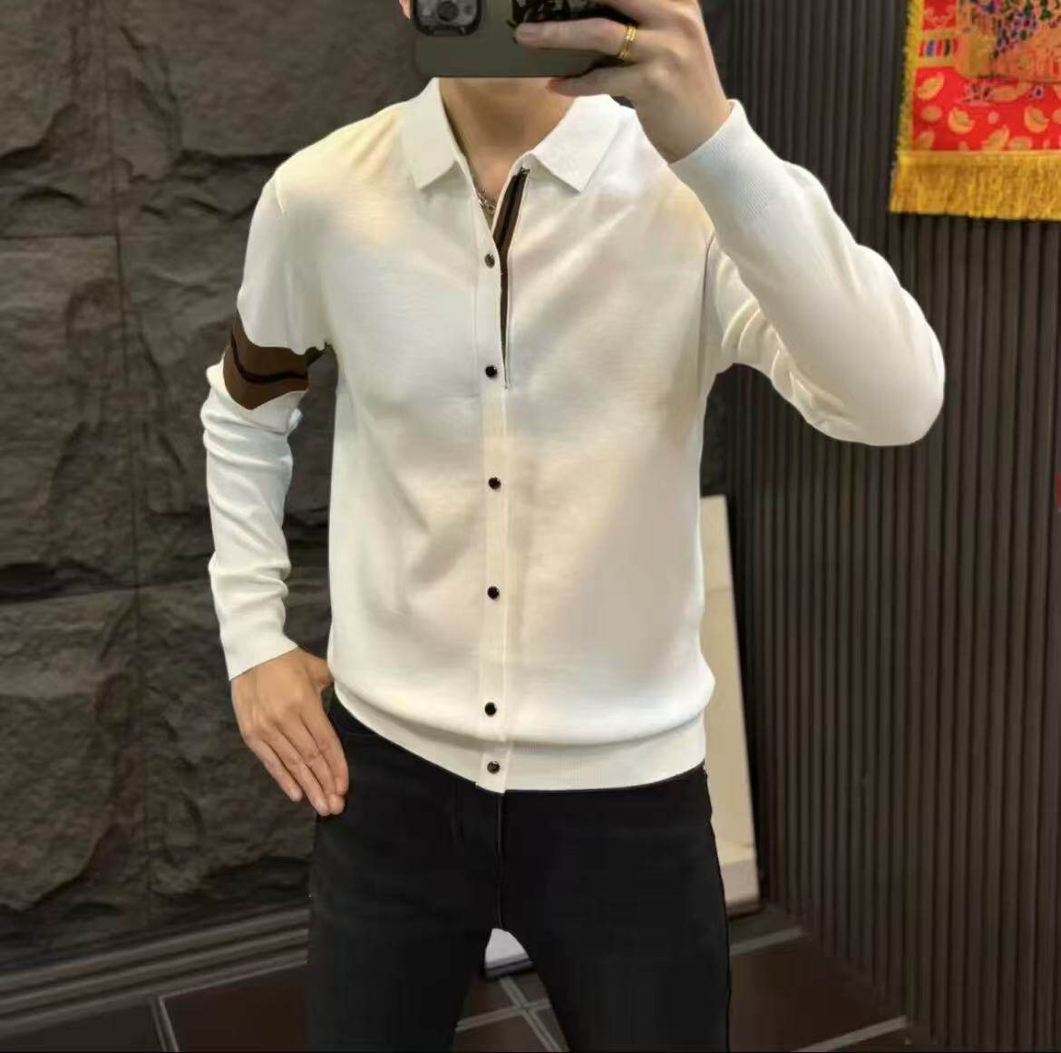 男士长袖针织衫假外套修身翻领毛织衬衫弹力休闲毛衣秋冬时尚上衣