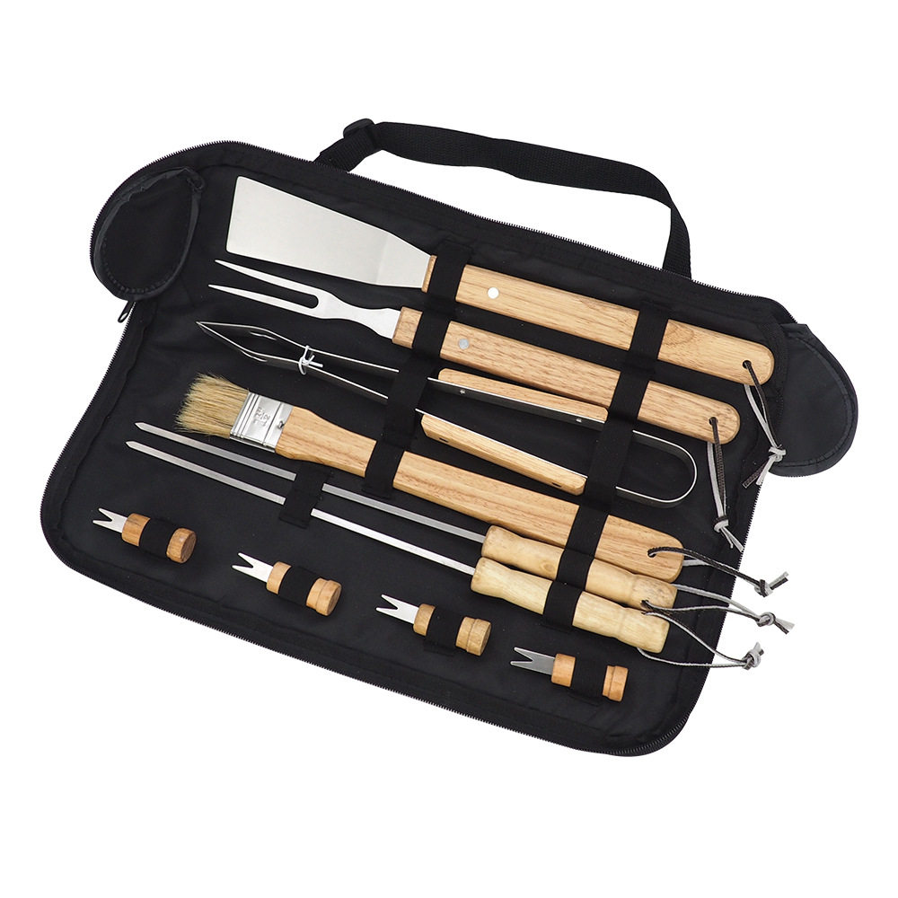 Factory in stock barbecue BBQ grill suit outdoor barbecue tools portable cloth bag wooden handle Stainless Steel Grill
