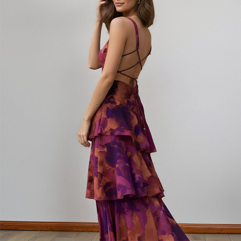 Elegant Floral Print Backless Dress Spring Collection Waist Defined Sophisticated Style Perfect for Parties and
