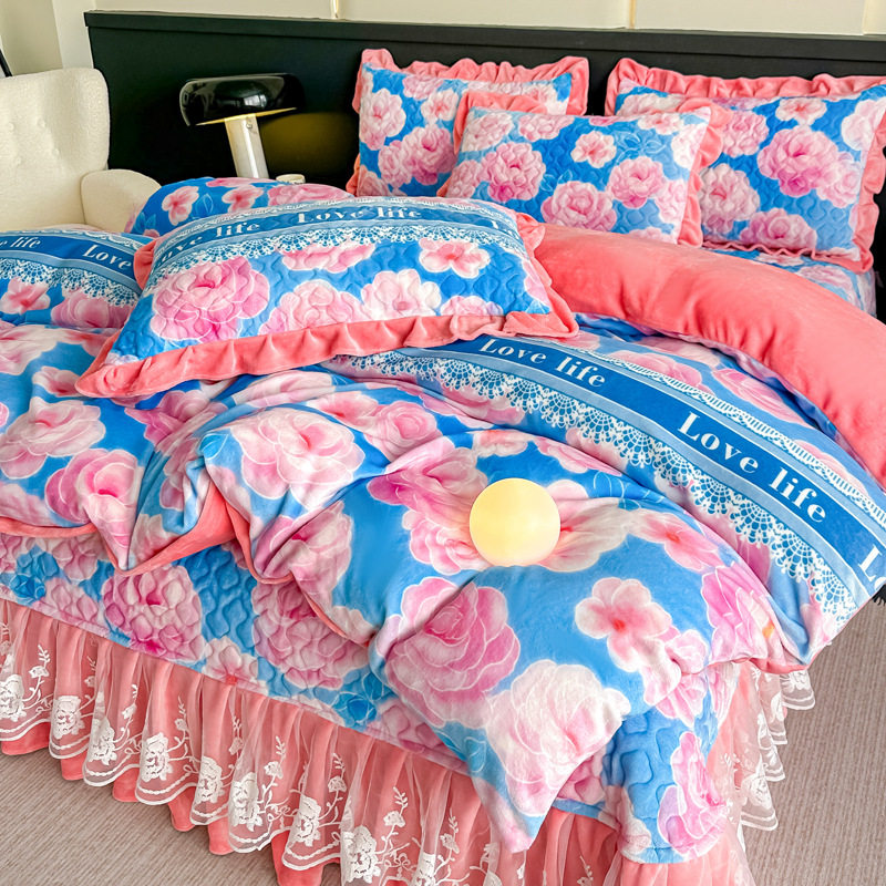 Cross-Border Foreign Trade Specializes in Winter Double-Layer Lace Milk Velvet Printed Bed Cover Four-Piece Set Bed Cover Single-Piece Three-Piece Set