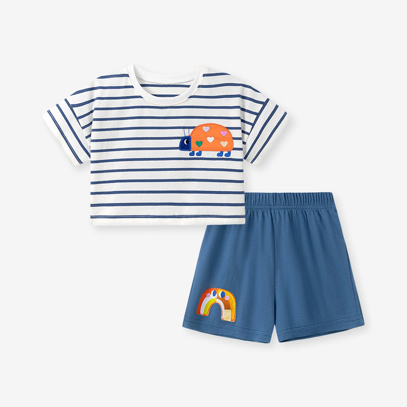Girls' Summer Striped Short-Sleeve Cartoon Set, Kids' Outfit