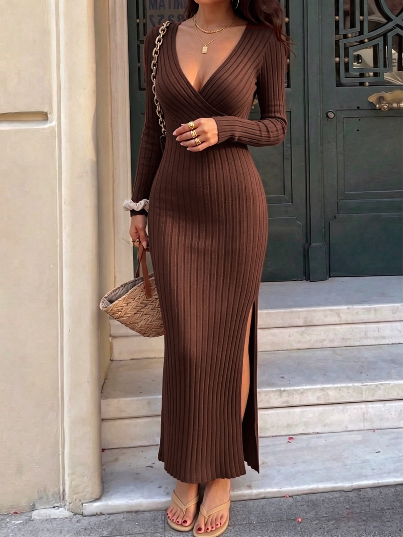 Deep V Neck Knit Dress Long Sleeve Bodycon Fit High Slit Slimming Design Autumn Winter Fashion Wholesale Available