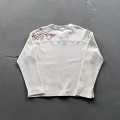 High-Quality Derschutze Cross-Border American Embroidered Cherry Blossom Waffle Long-Sleeved T-Shirt Bottoming Shirt Round Neck Top