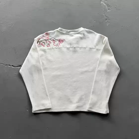 High-Quality Derschutze Cross-Border American Embroidered Cherry Blossom Waffle Long-Sleeved T-Shirt Bottoming Shirt Round Neck Top