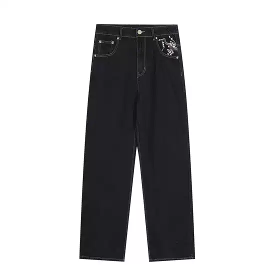 Derschutze European and American Retro Plum Blossom Embroidered Straight Pants for Men and Women, Versatile Stylish Street Trendy Jeans Cross-Border