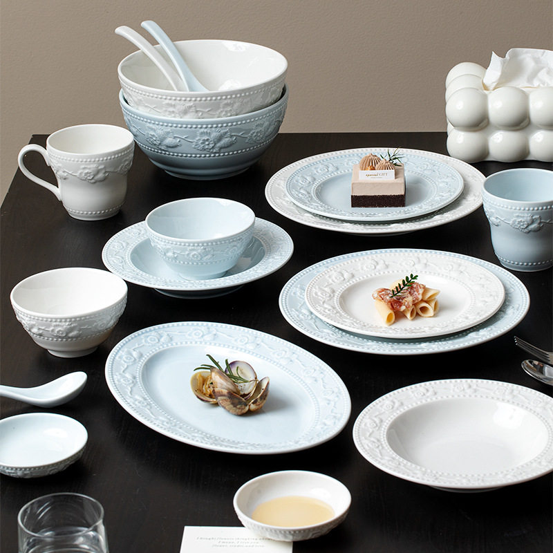 Ceramic Tableware Classical Light Luxury Embossed Bowl Household Rice Soup Bowl Cup Combination Advanced Sense Bowl and Dish suit