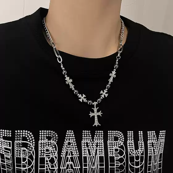 2025 New European and American Retro Cross Pendant Necklace Men's Niche Design High-End Titanium Steel Necklace Sweater Chain