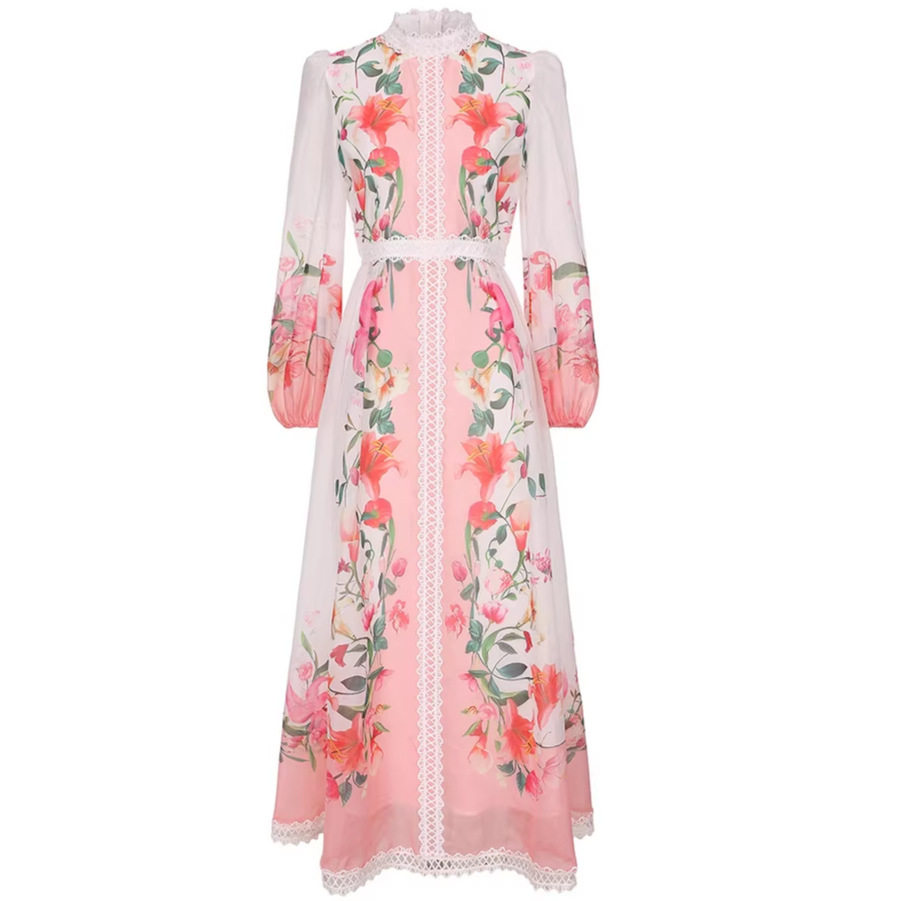 Vintage French Style Lace Printed Round Neck Dress for Women Spring and Autumn Waist Defining Flowy A Line Elegant