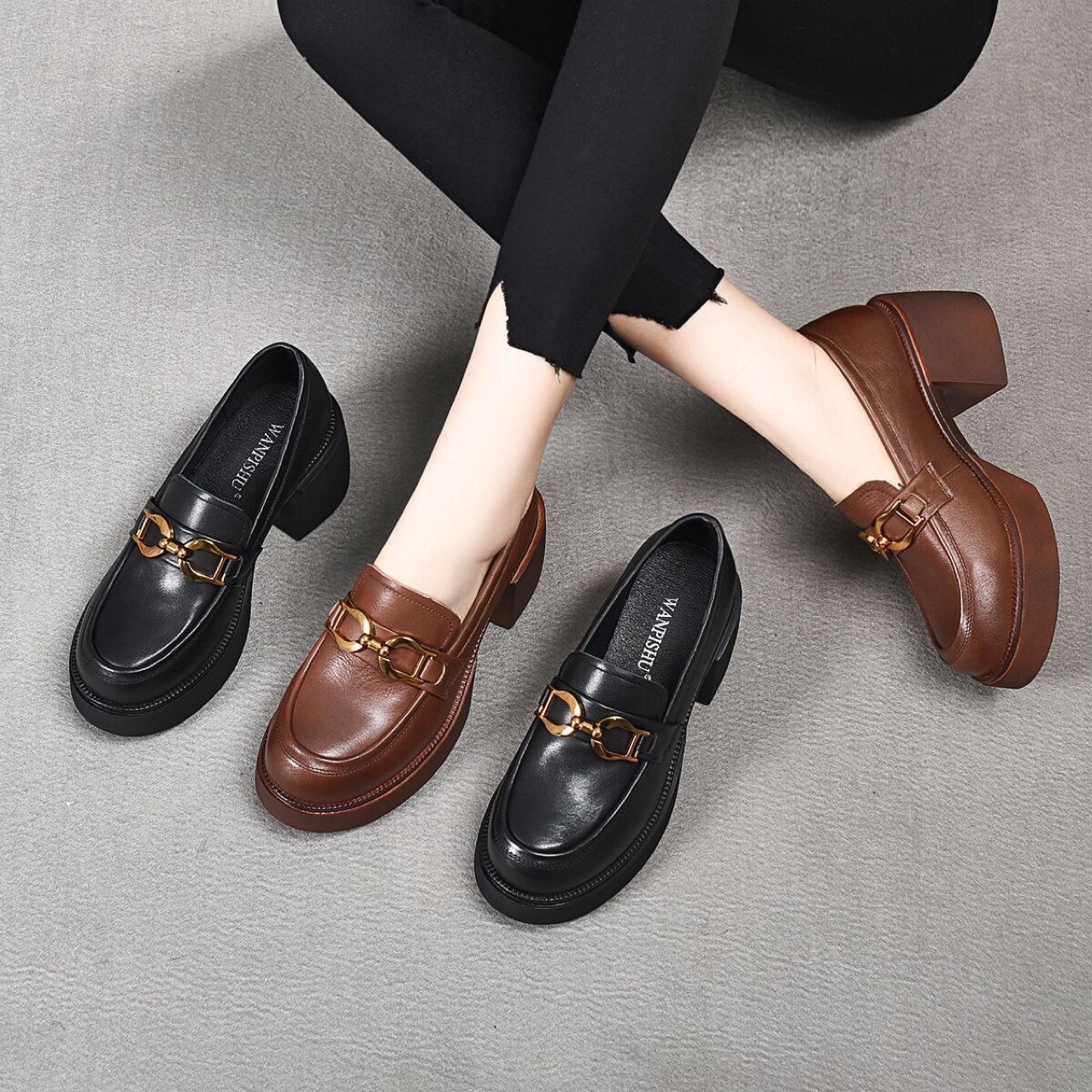 (Mới) Mã K1125 Giá 1390K: Giày Da Nữ Toopng Gót Vuông Hàng Mùa Xuân Thu Đông Đế Cao Giày Dép Nữ Chất Liệu Da Bò G04 Sản Phẩm Mới, (Miễn Phí Vận Chuyển Toàn Quốc).