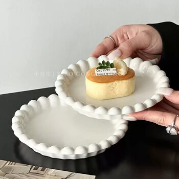 Ins Style Bead Edge Ceramic Plate French High-End Plate Creative Dessert Cake Plate Exquisite Afternoon Tea Snack Plate