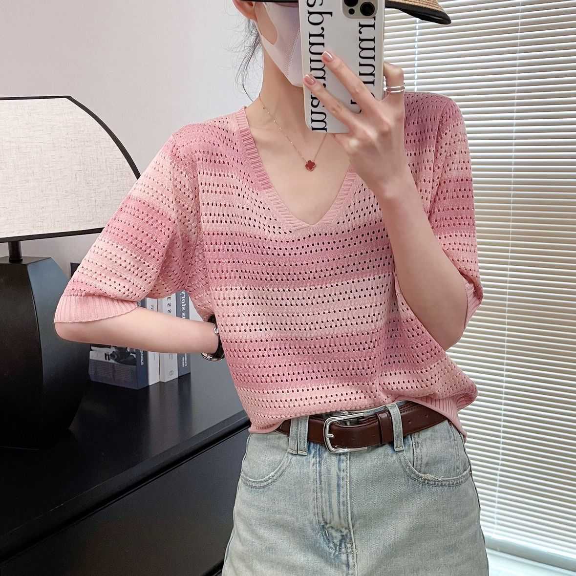 Lace Stripe V Neck T Shirt Ice Silk Short Sleeve Loose Fit Lightweight Summer Casual Wear Wholesale Available
