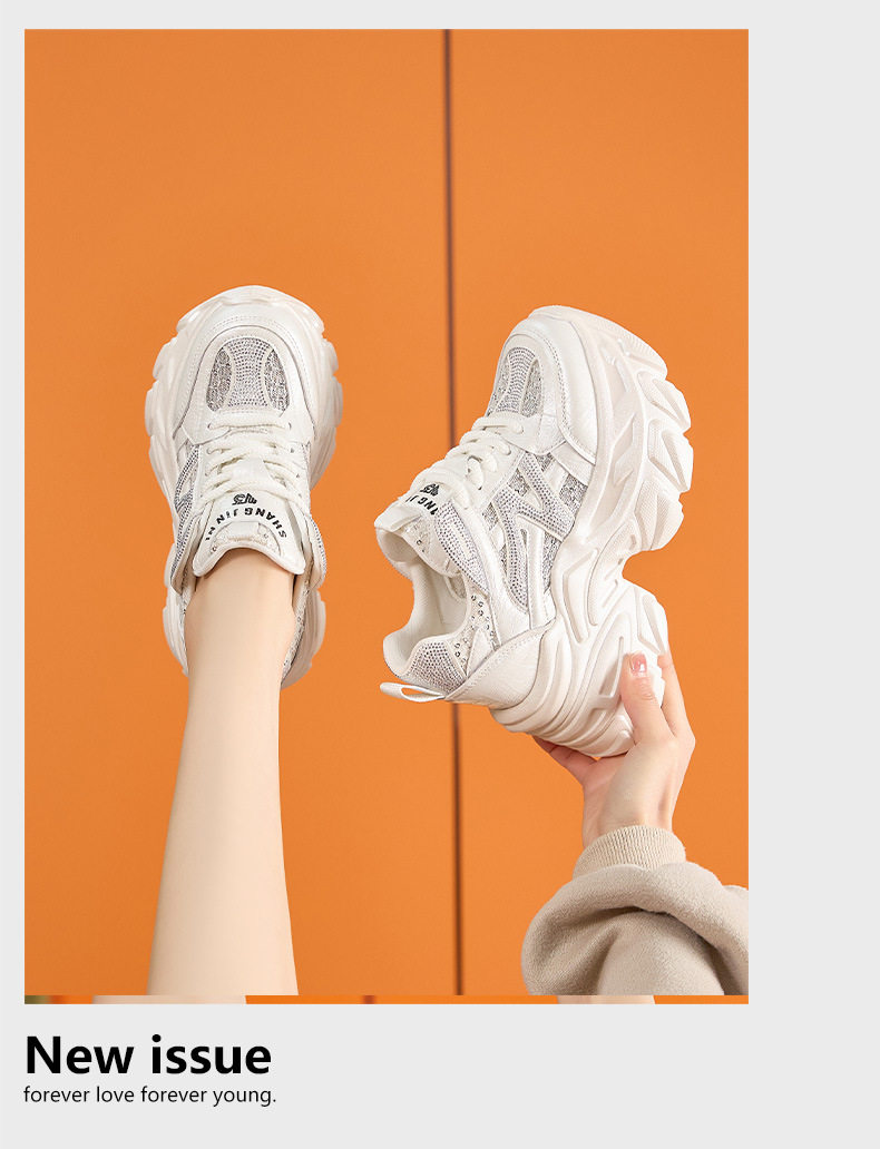 Giày sneaker nữ đế dày chunky phong cách thể thao, tăng chiều cao, đế cao 8 cm — Trắng, Bạc chi tiết 12