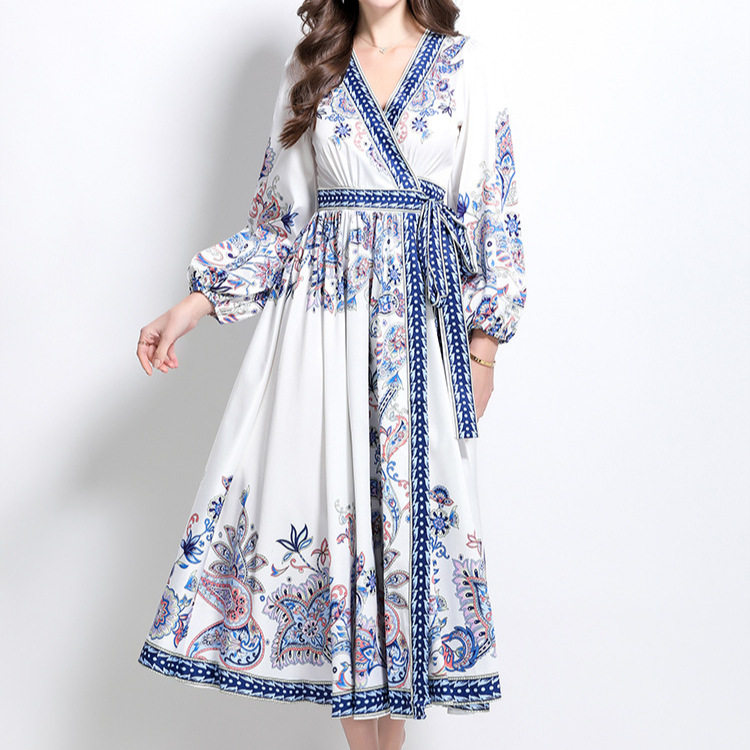 Vintage Floral Print Maxi Dress Cross V Neck Waist Tie Lantern Sleeves Spring Fashion for Women Wholesale Available