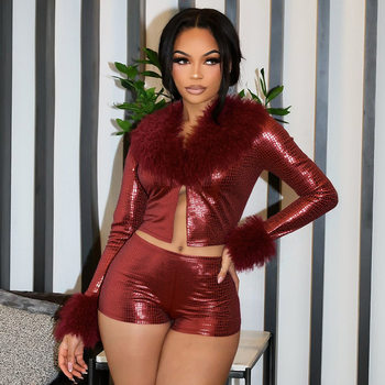 D25St506 European and American Women's Winter New Python Pattern Bronzing Fur Long-Sleeved Top Tight Shorts Two-Piece Suit