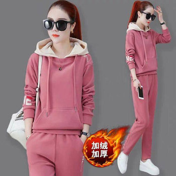 Autumn and Winter fleece-lined thickened loose casual sports suit warm long-sleeved sweater trousers two-piece fashion women's clothing