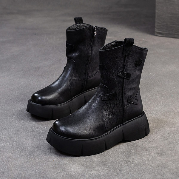 Boot Nữ Da Thật Cổ Lỡ Chiều Cao Đế Khoảng 5cm Phong Cách Anh Quốc Màu Đen, Nâu