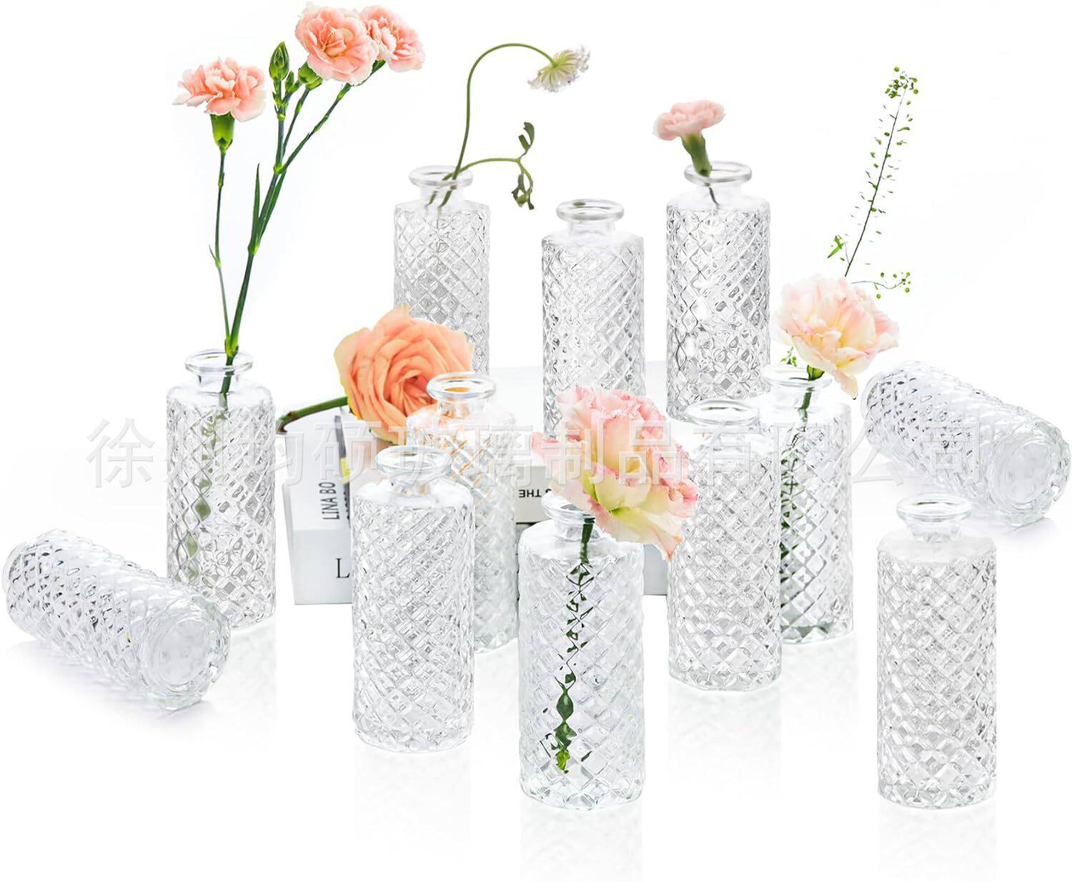 跨境热销复古玻璃花瓶插画高级感香薰瓶 透明ins风摆件小花瓶套装