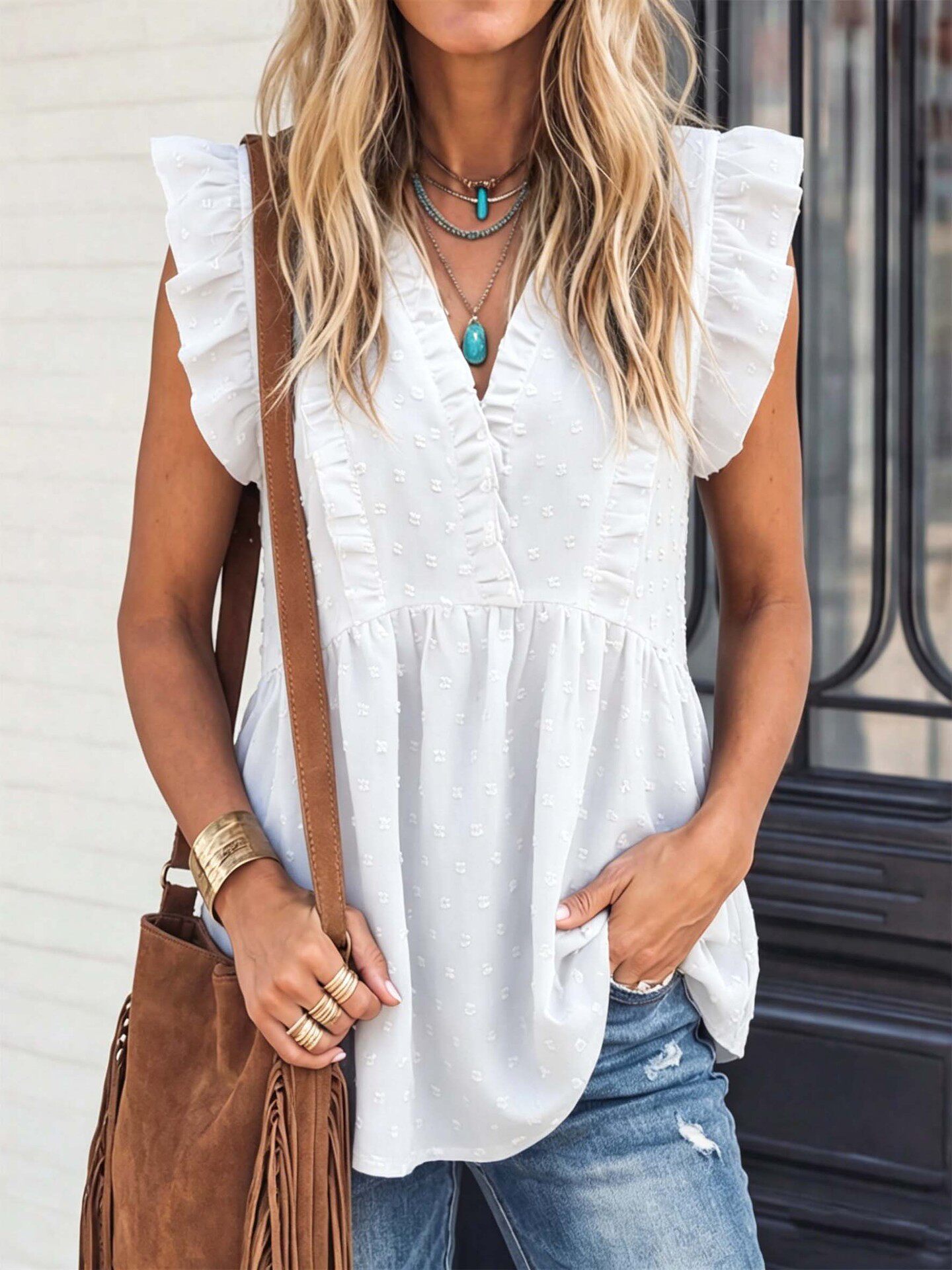Summer Vacation Style V Neck Short Sleeve Ruffle Hem Loose Fit Top Lightweight Flattering Versatile Wholesale