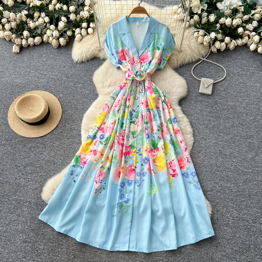 Summer Floral Print Maxi Dress for Women V Neck Sleeveless Tie Waist High Waist A Line Casual Office Wear