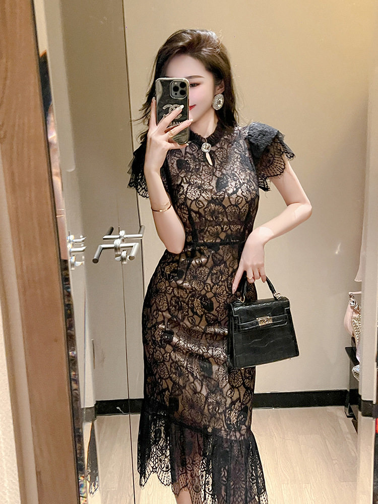 Đầm ôm body nữ ren xuyên thấu kiểu sườn xám Trung Hoa tay ngắn — [Đen Champagne]