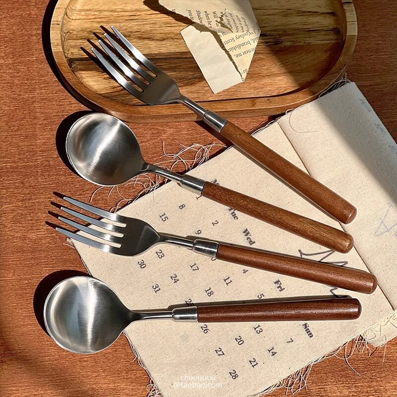 Imitation walnut wooden handle simple texture stainless steel spoon Fork suit household Western food spoon high-looking tableware