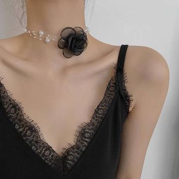 French Romantic Black and White Choker Flower Pearl Necklace Women's Summer Clavicle Chain Fairy Necklace 2025 New Style