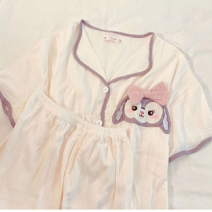 跨境睡衣女夏季短袖短裤玉桂狗刺绣蝴蝶结可爱少女宽松家居服套装