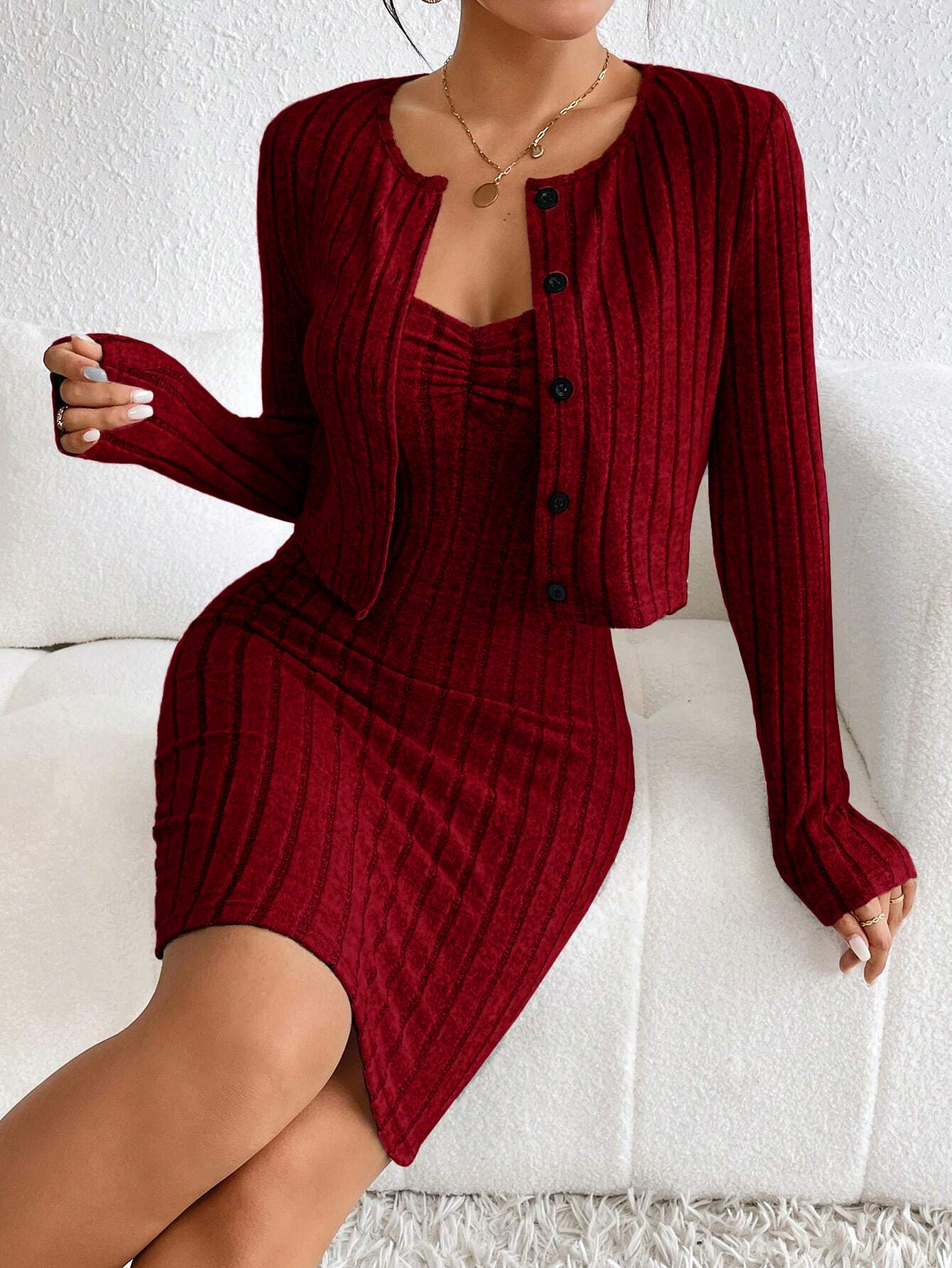 Amazon Cross-Border Women's French Pure Desire Fashion Suit Autumn and Winter New Slim Short Outwear Dress Two-Piece Set
