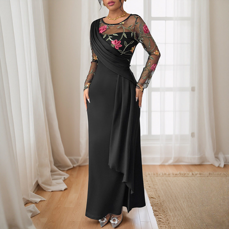 Elegant Long Sleeve Embroidered Dress Irregular Hem Spring Fall Style Perfect for Banquets and Special Occasions