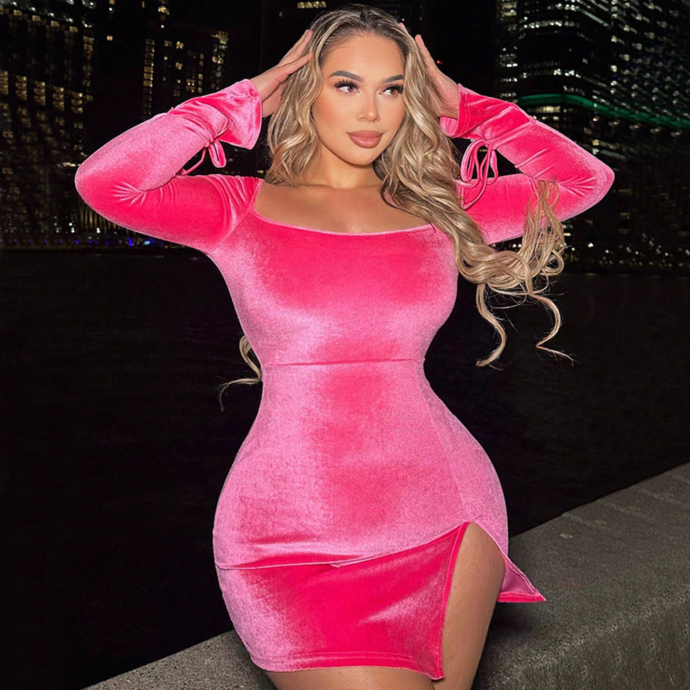 Velvet Bodycon Dress Square Neck Long Sleeve Side Slit Slim Fit Party Wear for Women Wholesale Available