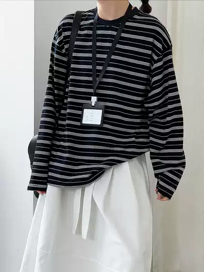 Lushi Retro Contrast Color Striped Loose Casual Long Sleeve T-Shirt Women's Autumn New Round Neck Bottoming Shirt Top 2031
