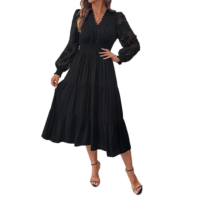 Elegant V Neck Lace Long Sleeve Dress Waist Defining Solid Color Perfect for Formal Events Wholesale Available