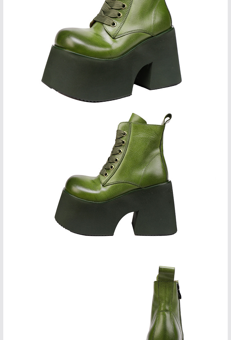 Boot Martin nữ cổ ngắn da bò thật đế dày dây buộc — màu đen, màu xanh lá cây