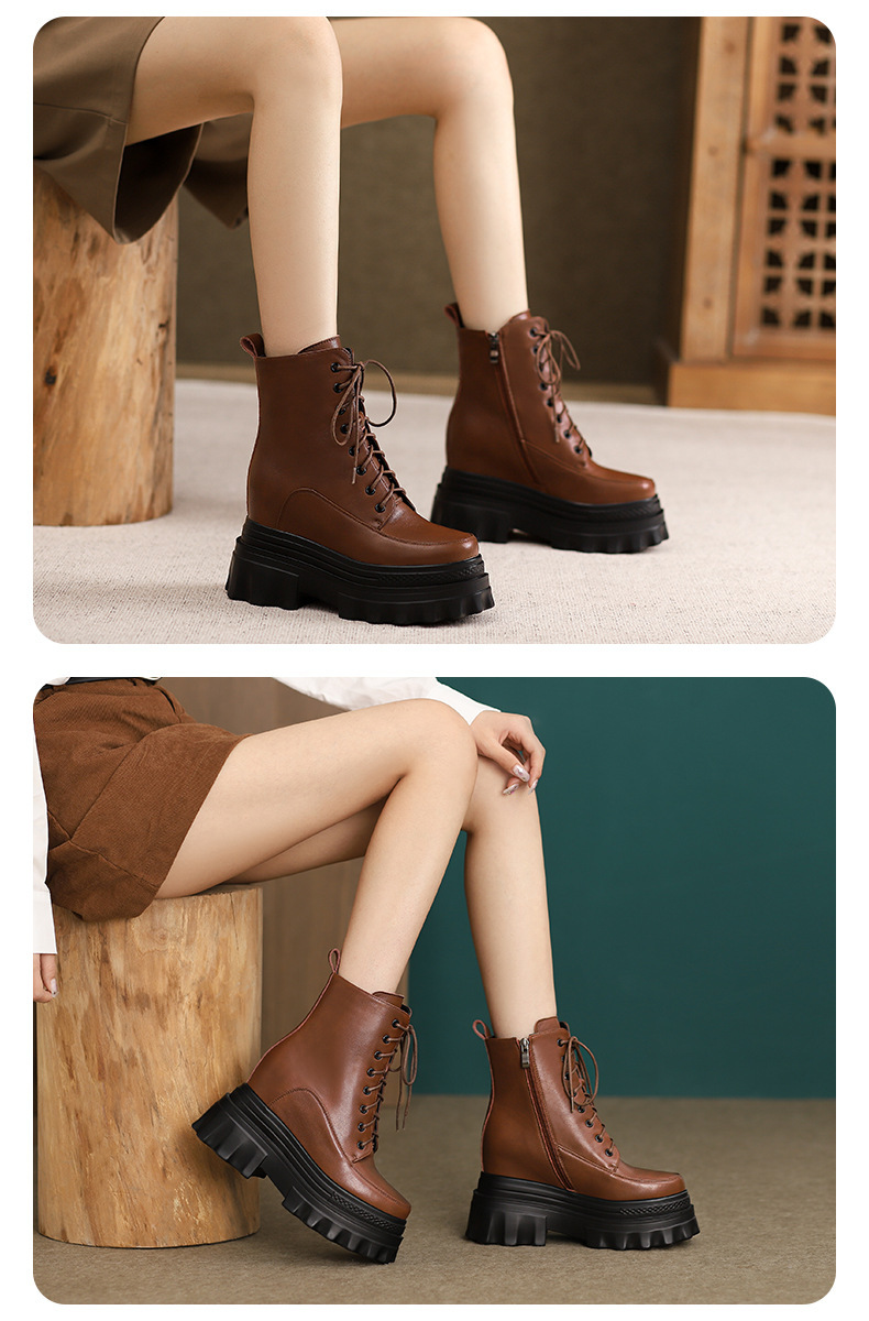 Boot Martin nữ đế dày tăng chiều cao 10cm, cổ thấp gót nêm da bò thật — Lớp lót đơn màu đen, Lớp lót đơn màu nâu sẫm, Lớp lót nhung đen, Lớp lót nhung màu nâu sẫm
