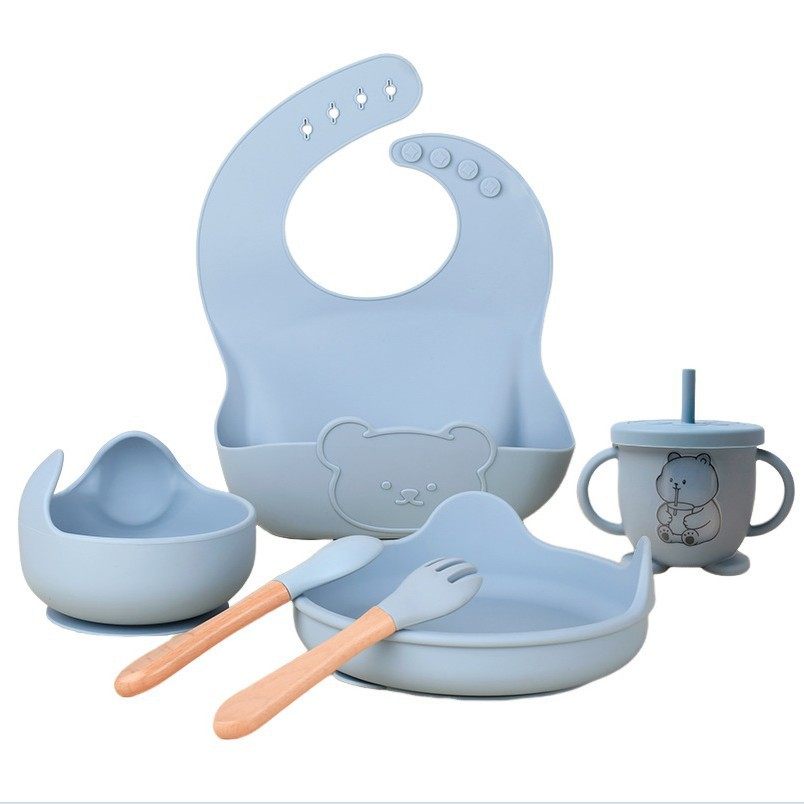 Bear Silicone Food Supplementation Tableware suit Baby Silicone Suction Bowl Maternal and Infant Feeding Baby Bib Six-Piece Set
