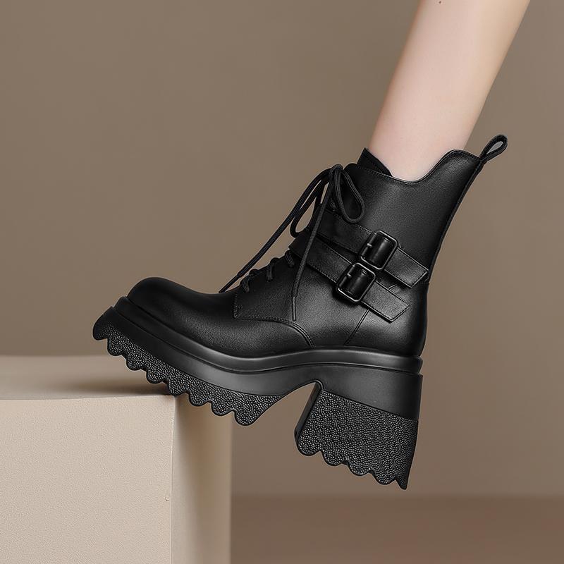 Boot nữ gót dày 10cm cổ thấp da bò thật, đế cao su chống trượt, khóa kéo bên — Lớp lót đơn màu be, Lớp lót đơn màu đen, Lớp lót nhung đen, Lớp lót nhung màu be