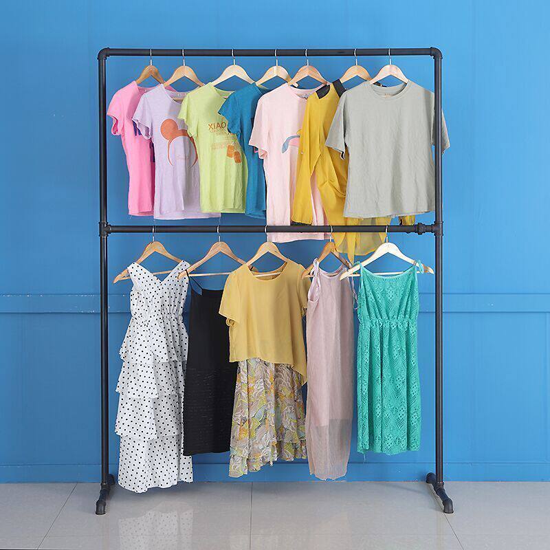 Thickened Water Pipe Clothes Hanger Clothing Display Rack Double-Layer Iron Floor Rack Retro Gantry Rack Clothing Store Display Rack