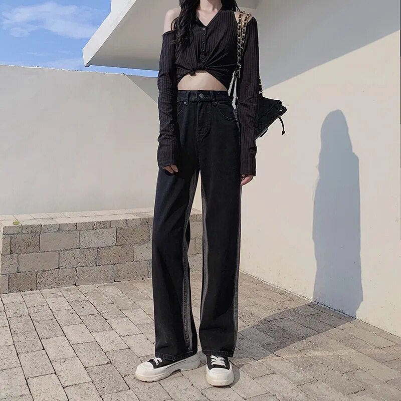 Womens High Waisted Loose Fit Denim Jeans Spring Korean Style Flattering Wide Leg Design Casual Everyday Wear