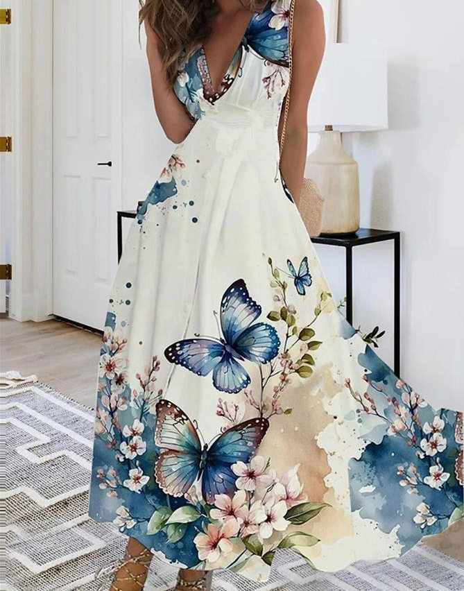 2023亚马逊欧美跨境女装夏季新款V领高腰无袖印花性感背心连衣裙