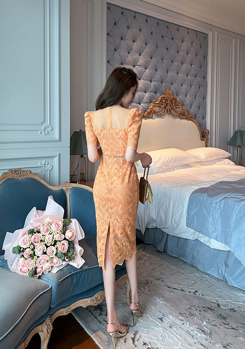 Đầm ren ôm body nữ cổ tròn tay ngắn cao eo — [Xoài đá] chi tiết 17