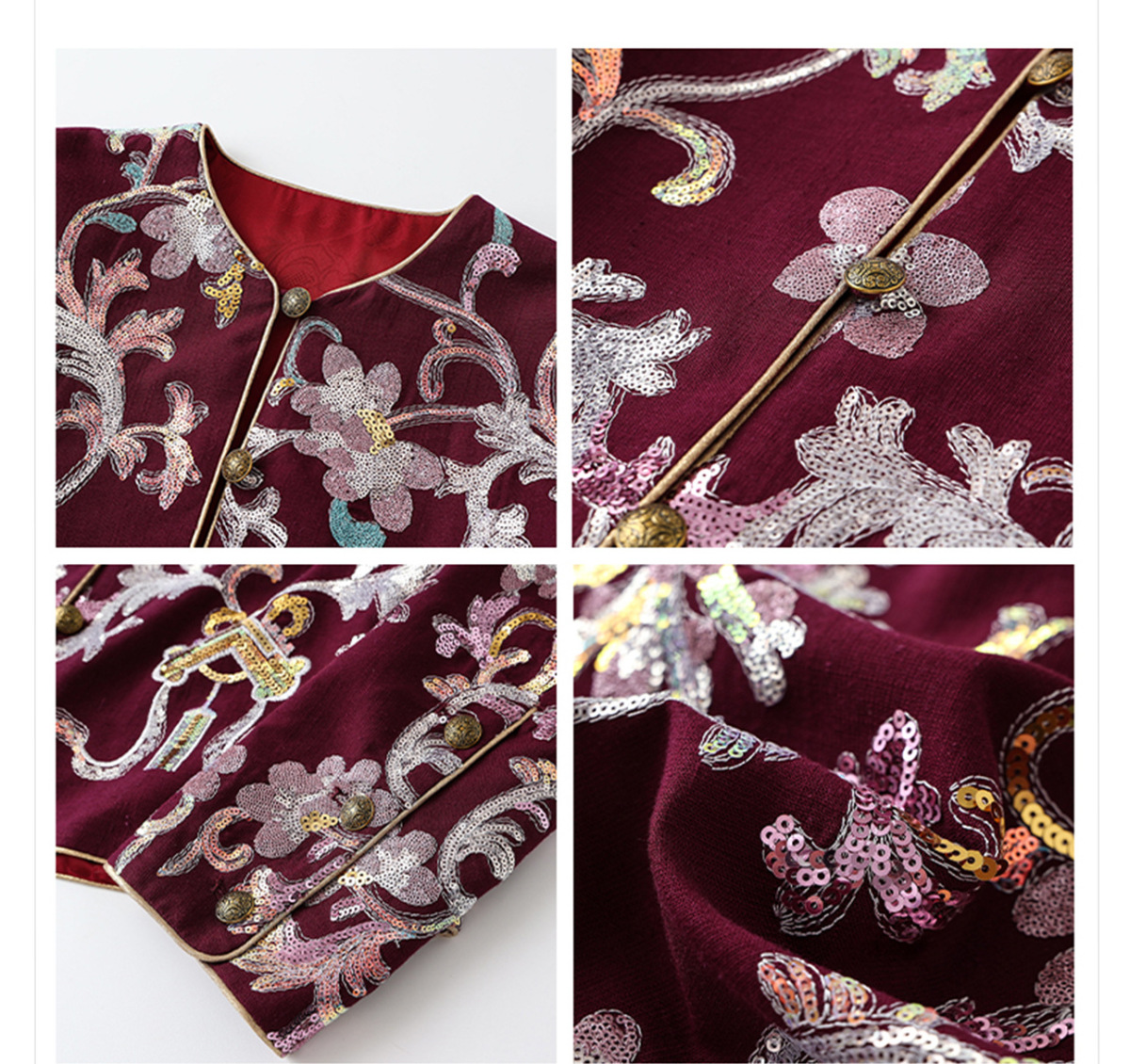 Set áo vest và áo khoác ngắn nữ thêu họa tiết hoa — áo khoai tây, Áo vest màu tím sốt, áo vest trắng đính cườm, Áo khoác màu tím sốt